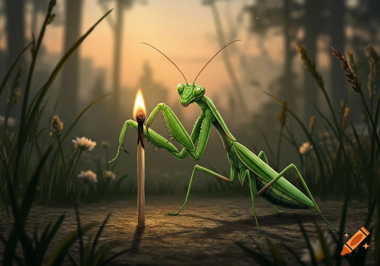 A vibrant green praying mantis holds a lit matchstick in a forest clearing at dusk.