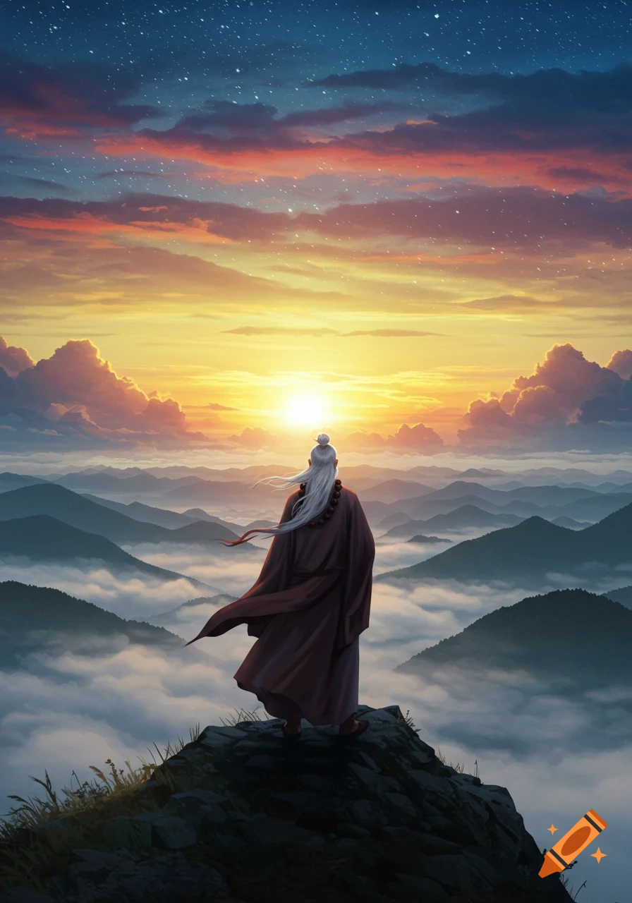 A wise, long-haired figure in robes stands on a mountain peak, looking at a stunning sunset over misty, cloud-covered mountains.