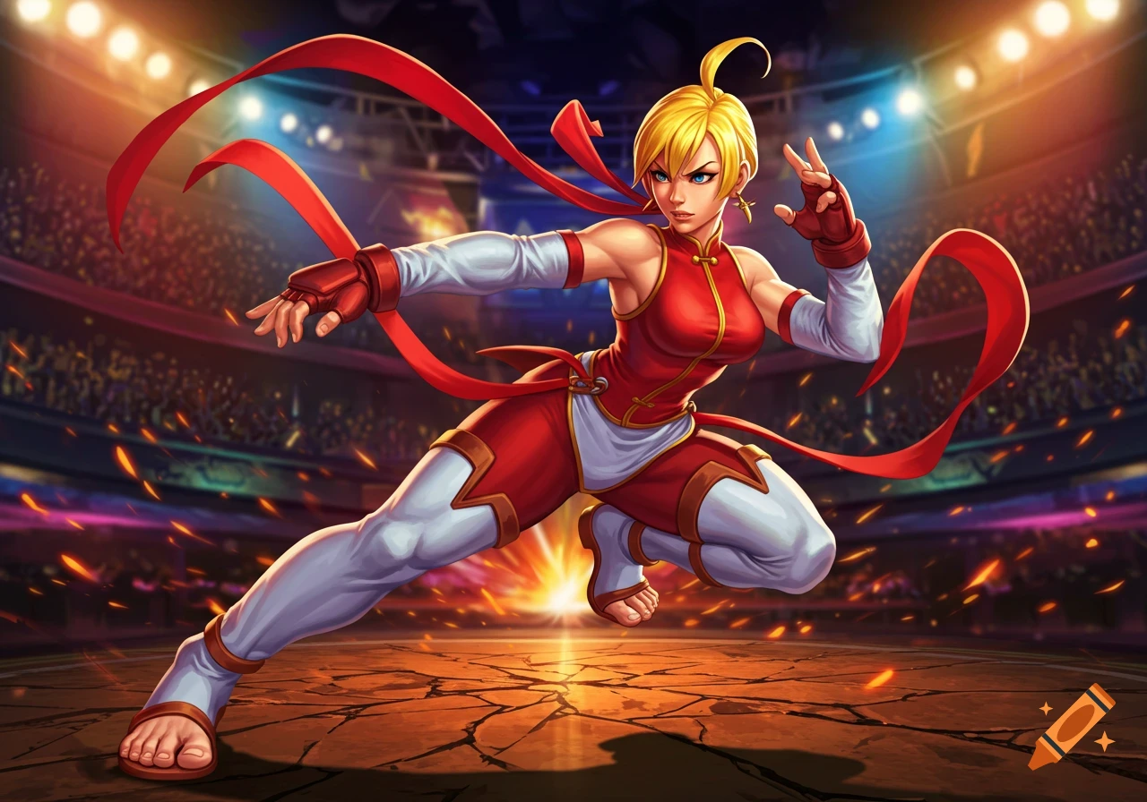 A dynamic illustration of a blonde female martial artist in a red and white outfit, striking a fighting pose in a brightly lit arena.