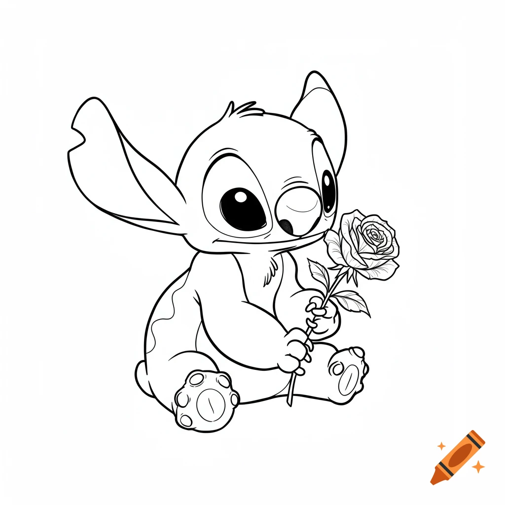 A line art drawing of Stitch from Lilo and Stitch sitting and holding a single rose.