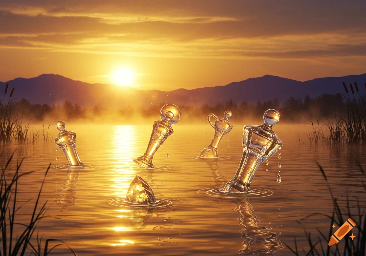 Glass-like objects emerge from a golden, misty lake at sunset, with mountains and reeds in the background.