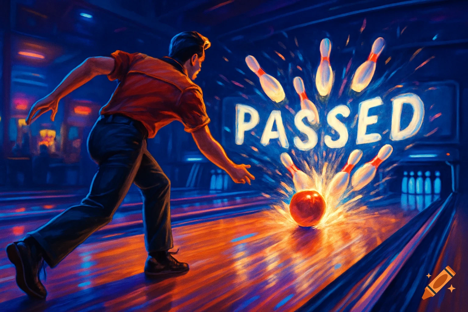 A man bowls a strike in a vibrant, painterly style, with scattering pins spelling PASSED at a bowling alley.