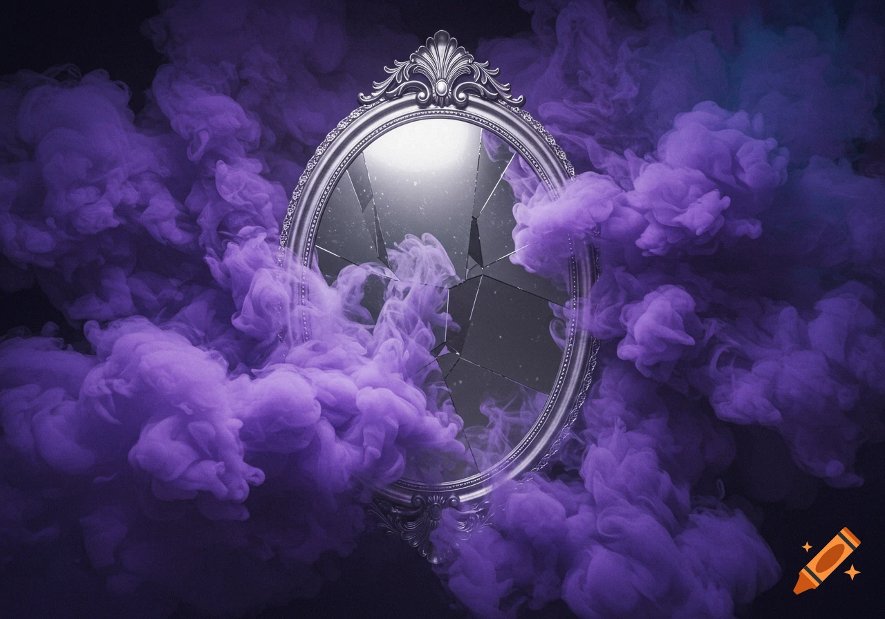 A vintage-style silver mirror with a broken, shattered surface, surrounded by swirling purple smoke on a dark background.