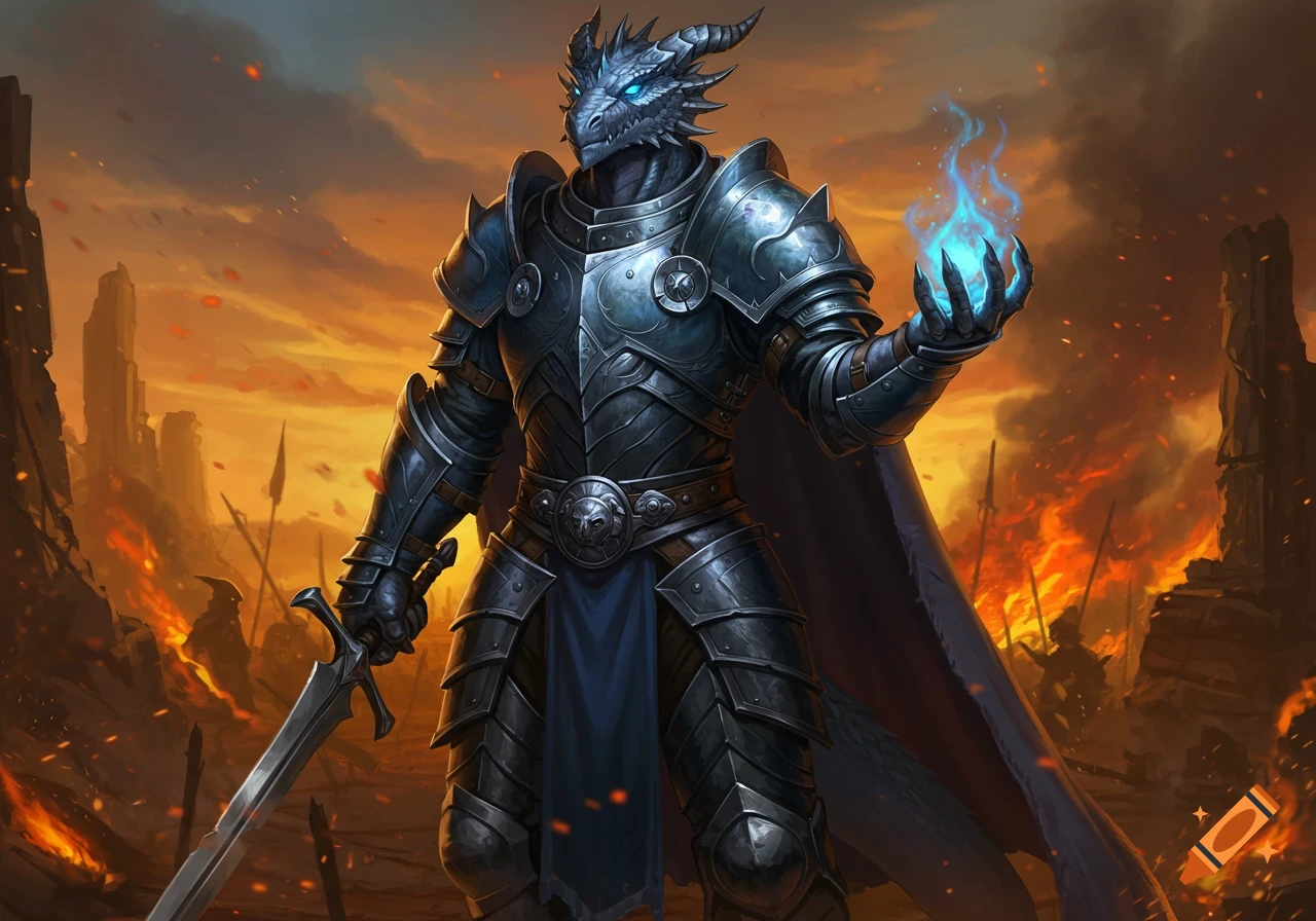 A dragonborn paladin in full dark armor stands in a fiery, war-torn landscape at sunset, holding a sword and casting blue flame.