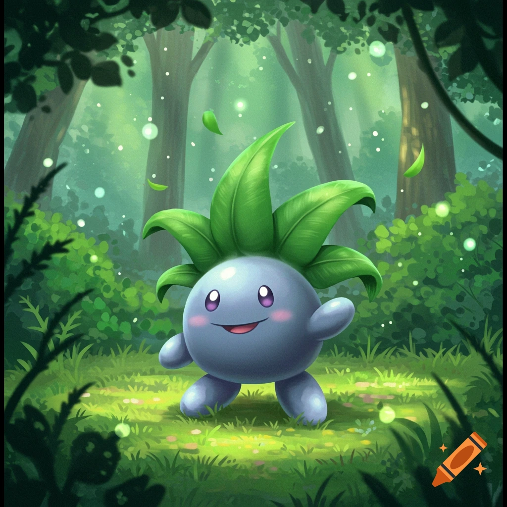 A cute purple Oddish Pokémon with green leaves on its head stands in a sunlit forest with glowing particles.