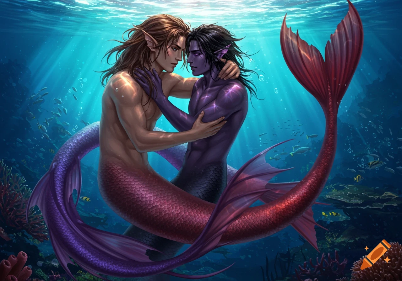 Two male merfolk, one with brown hair and purple tail, one with black hair and red tail, embrace underwater with fish and coral.