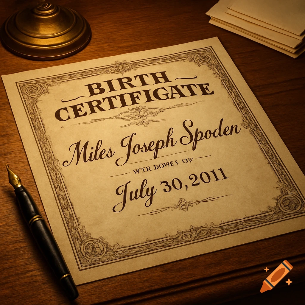 Photorealistic image of a vintage birth certificate with 'Miles Joseph Spoden' and 'July 30, 2011' on a wooden desk with a pen.