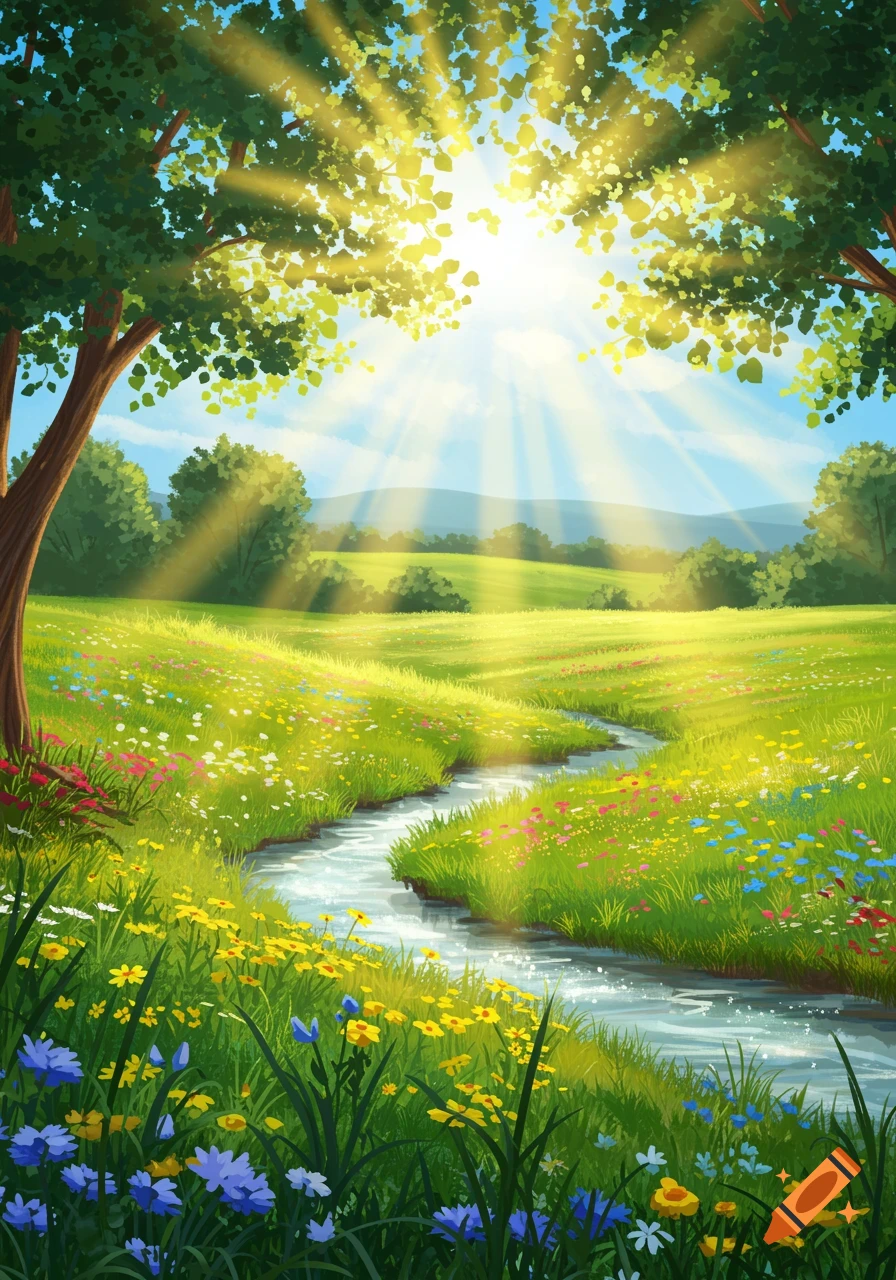 A sunny meadow with a winding stream, vibrant wildflowers, and trees, depicted in an illustrative style.