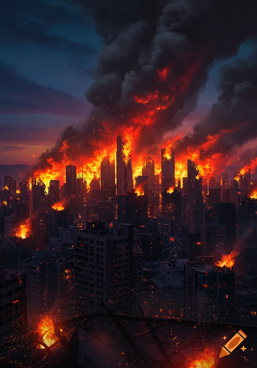 A city skyline engulfed in massive fires and dark smoke under a twilight sky.