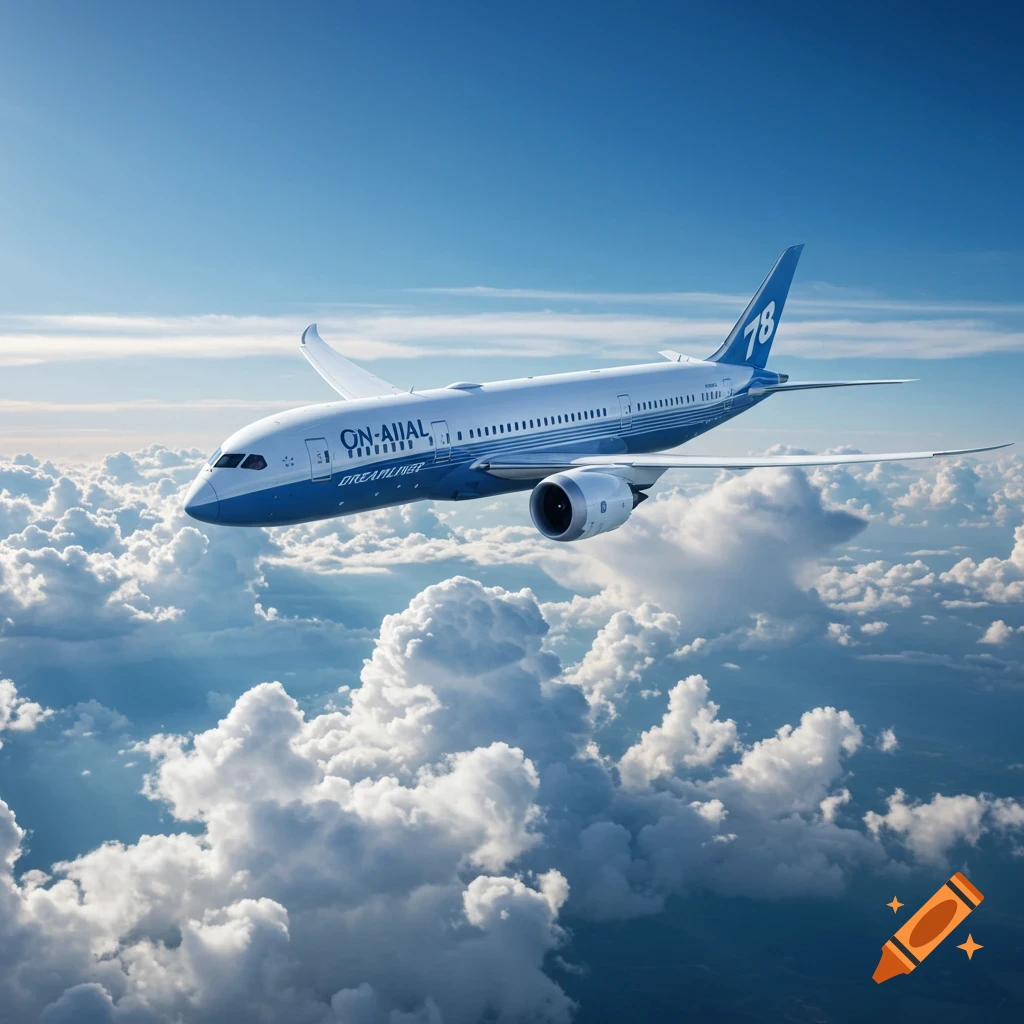 A photorealistic white and blue Boeing 787 airplane soars through a blue sky above fluffy white clouds.