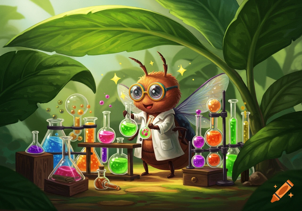 Cartoon bug in a lab coat and goggles, mixing colorful chemicals in beakers under large green leaves.