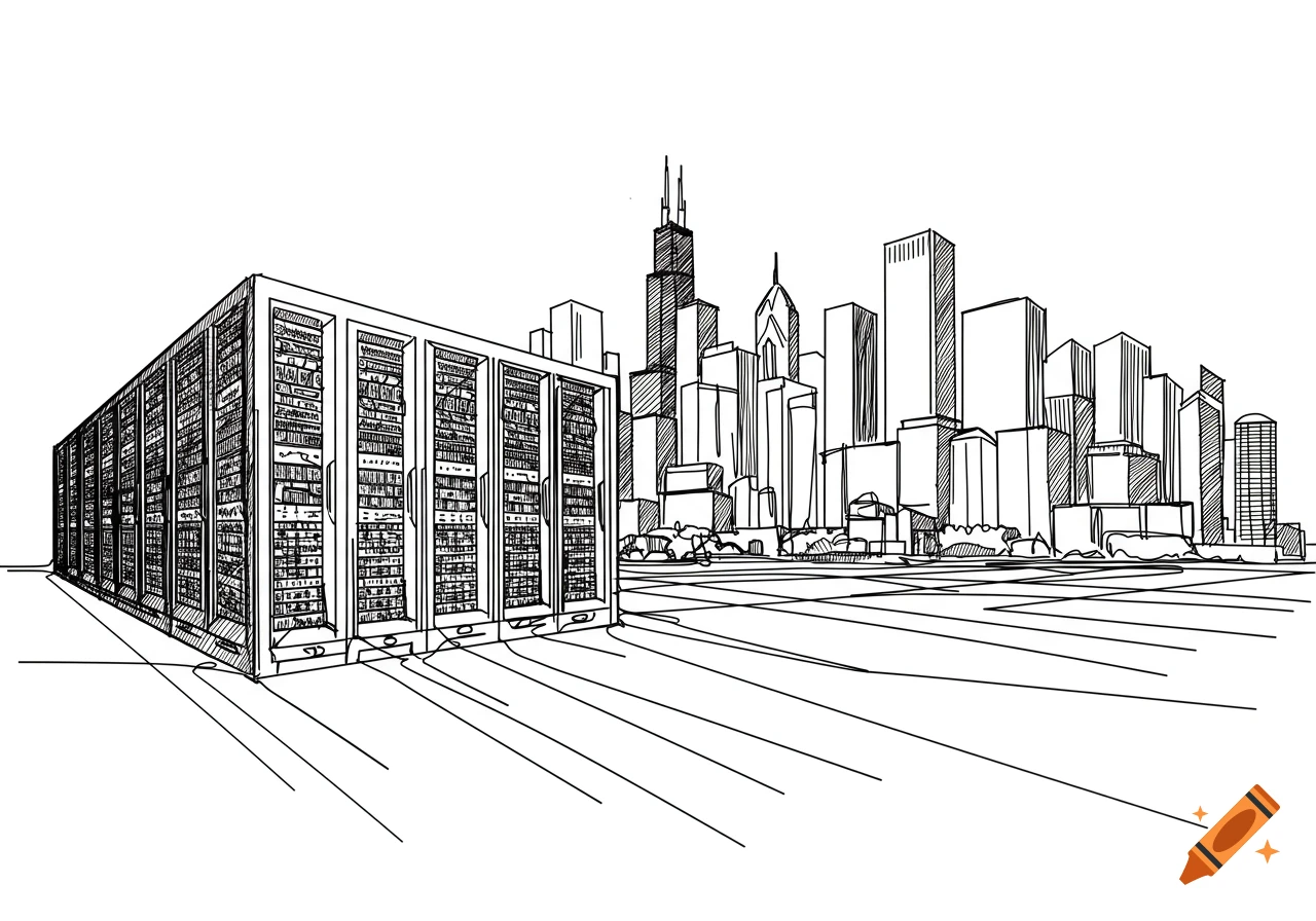 A black ink line drawing of a data center in the foreground with the Chicago city skyline in the background.