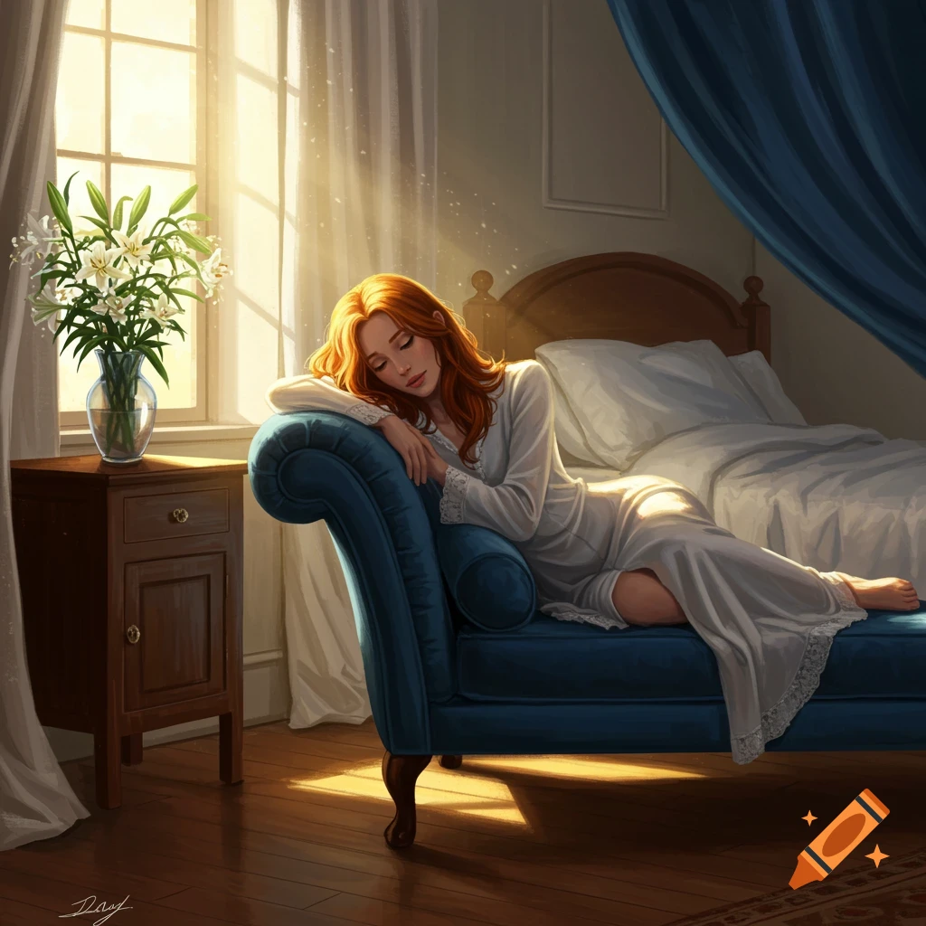 A red-haired woman rests on a blue chaise lounge in a sunlit bedroom, with a bed and flowers on a nightstand nearby. Painterly style.