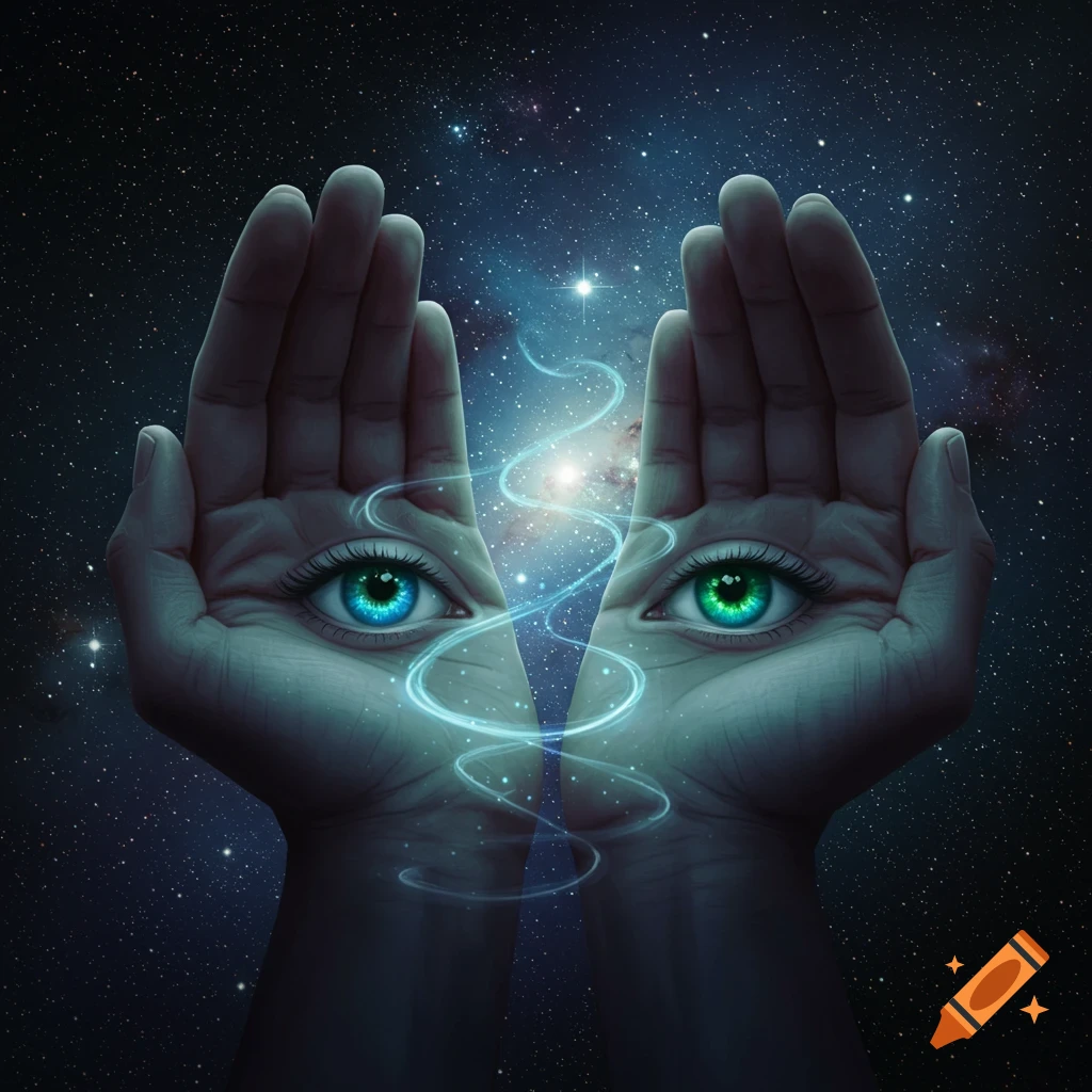 A pair of cupped hands with eyes on their palms, glowing light swirling between them against a starry cosmos.