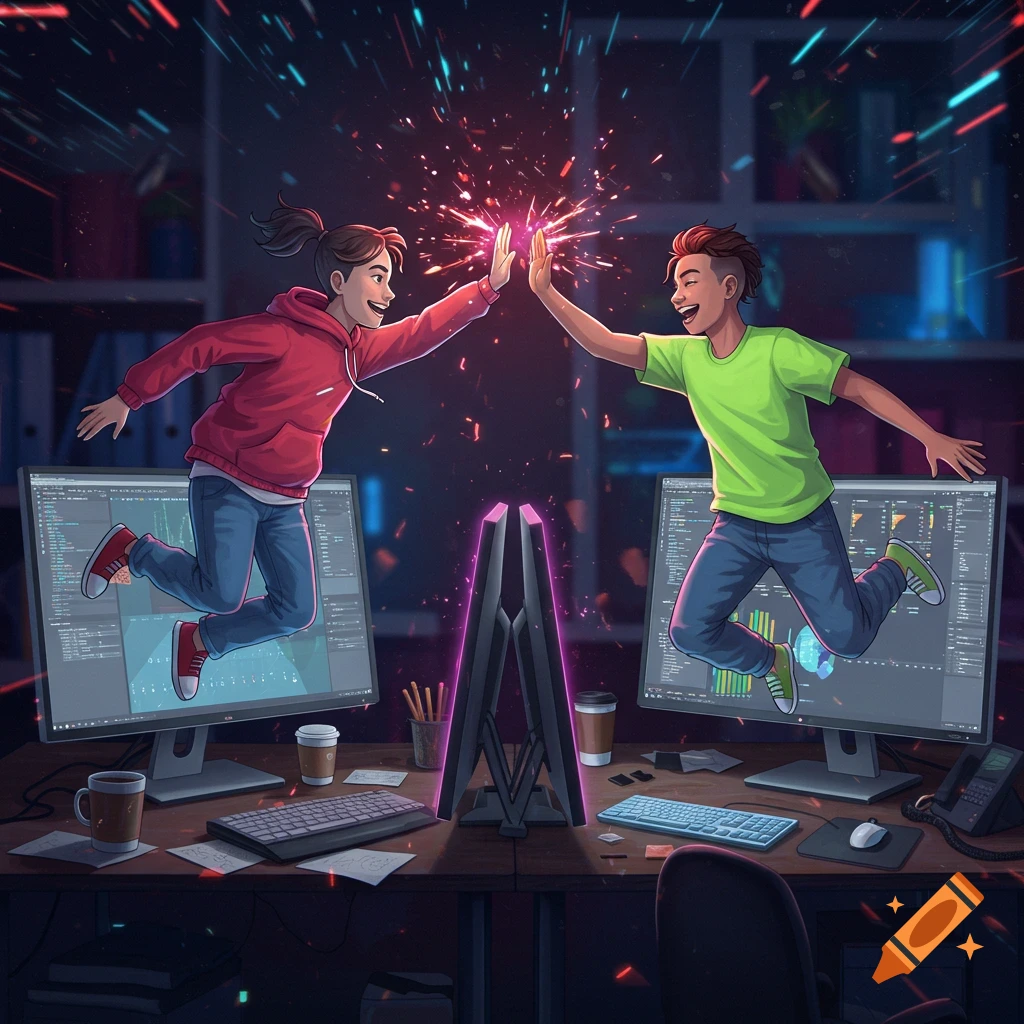 Two cartoon figures in casual clothes high-fiving in mid-air, appearing to jump out of glowing computer monitors on a desk.