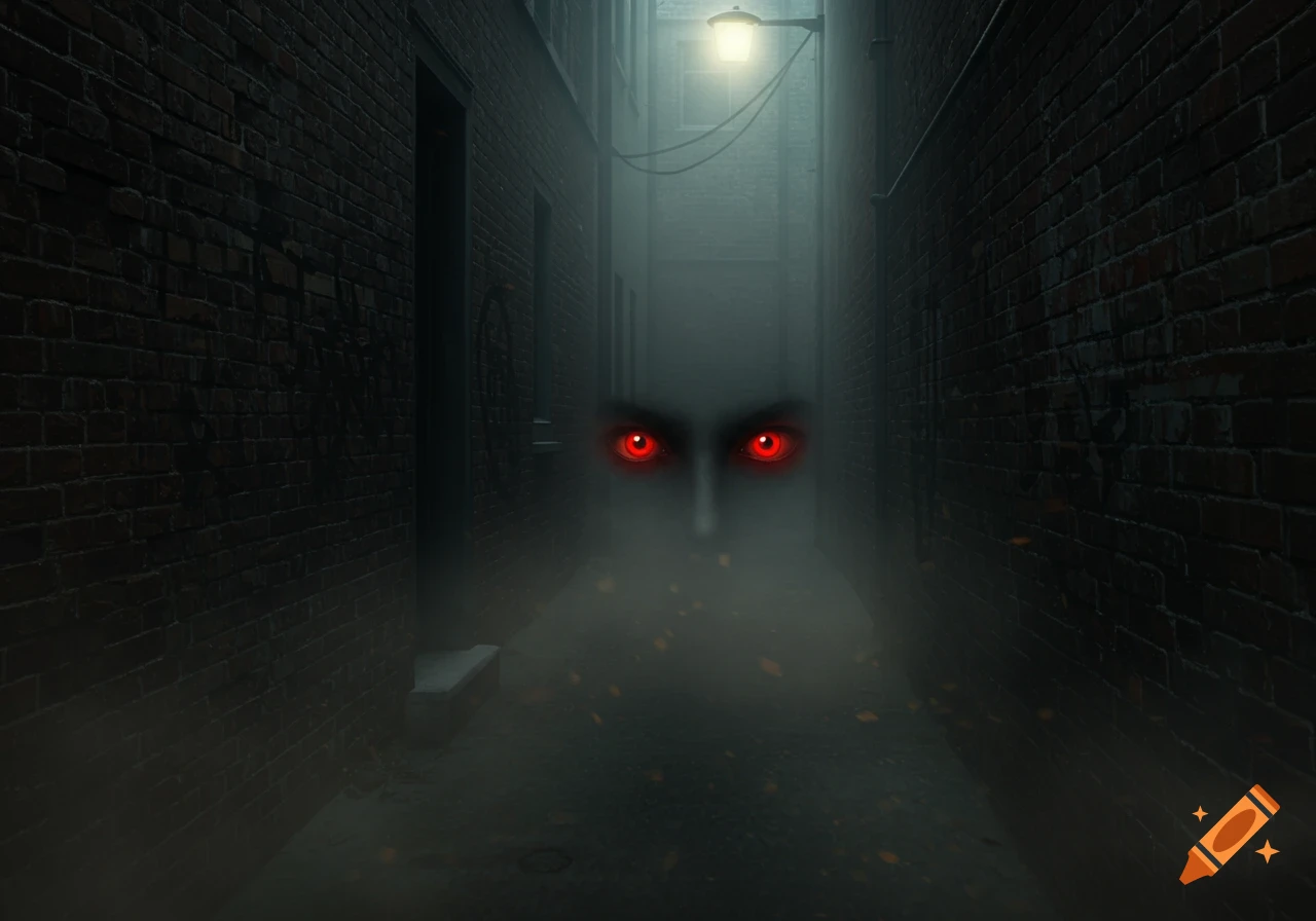 Glowing red eyes emerge from a shadowy, misty alleyway with brick walls and a single streetlamp.