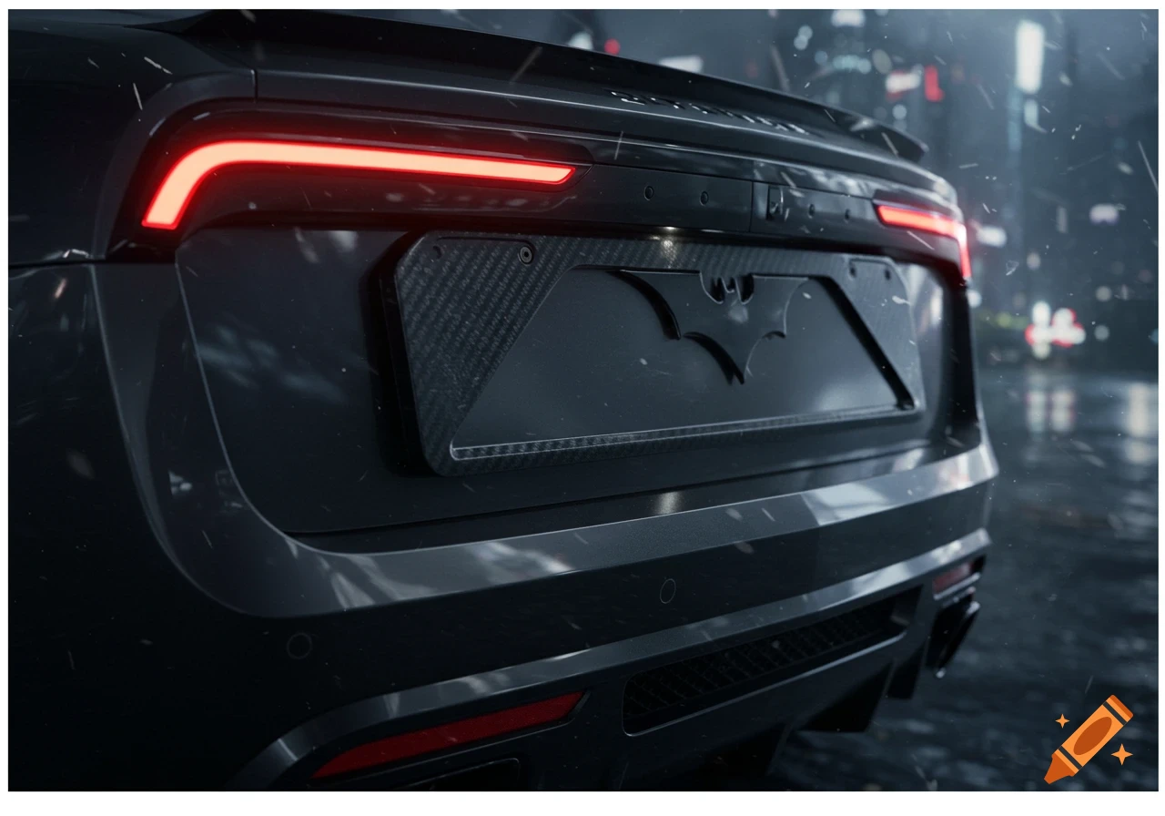 Photorealistic close-up of a black car's rear with glowing red taillights and a Batman symbol on the license plate holder in a rainy city.