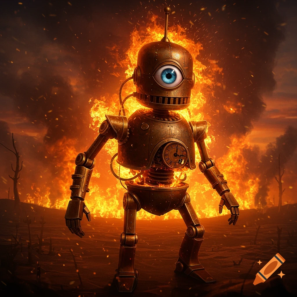 A steampunk-style clockwork robot with one large blue eye stands in a field engulfed in orange flames and smoke under a dark sky.