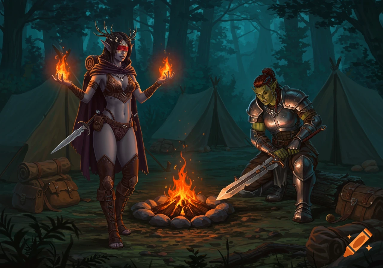 A fantasy digital painting of a dark elf woman with fire spells and an orc warrior with a sword at a forest campsite.