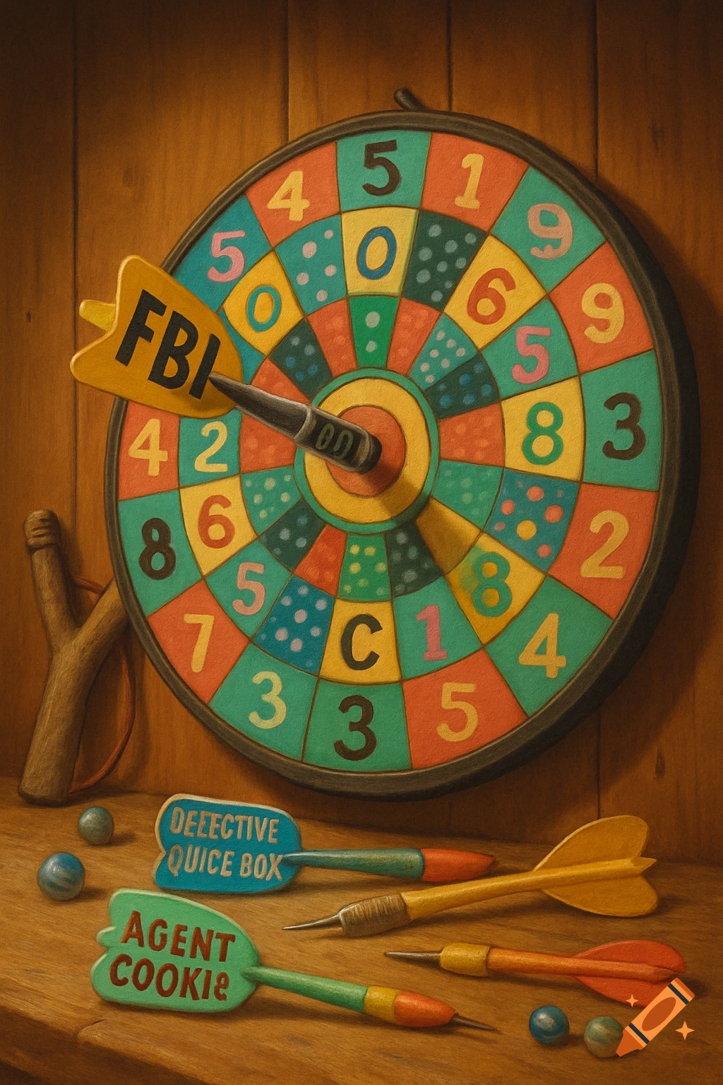 A colorful dartboard with a dart that says "FBI" embedded in it. Other darts, one reading "DEECTIVE QUICE BOX" and another "AGENT COOKIE", lie on a wooden surface with a slingshot and marbles.