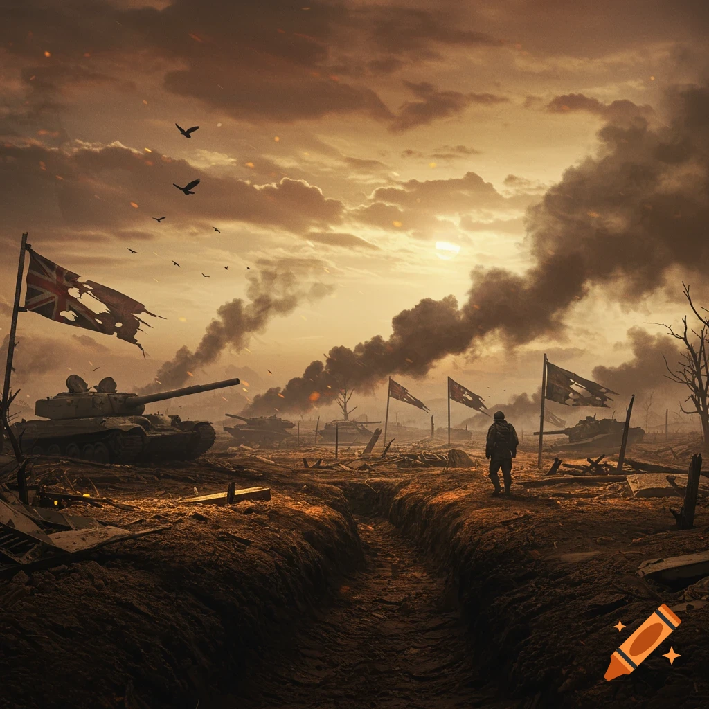 A war-torn battlefield at sunset with a lone soldier, abandoned tanks, and tattered flags under a smoky sky.