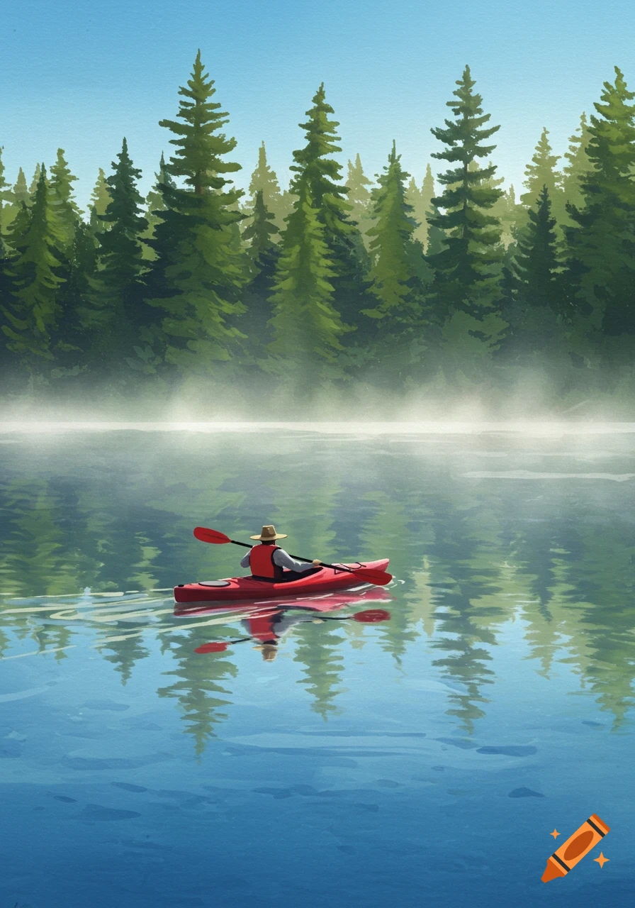 Person kayaking on a serene lake surrounded by a forest with mist, in a painted style.