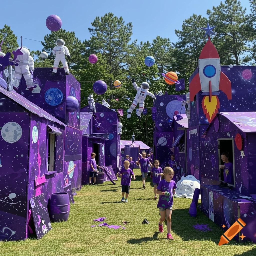 A group of children run around an outdoor camp base decorated with purple space-themed panels, planets, and astronaut cutouts.