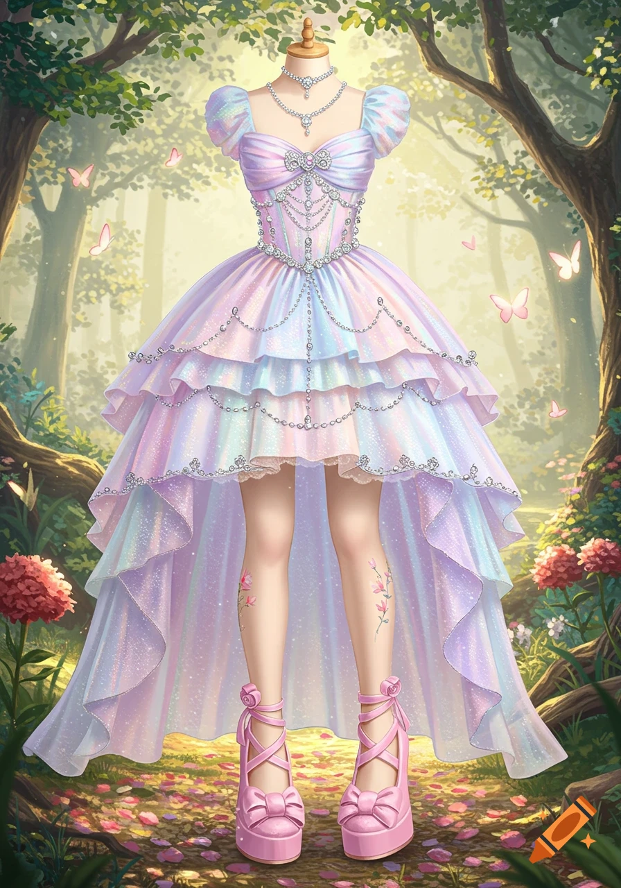 A dazzling pastel rainbow unicorn dress with jewels and pink platform shoes on a mannequin-like figure in an enchanted forest.