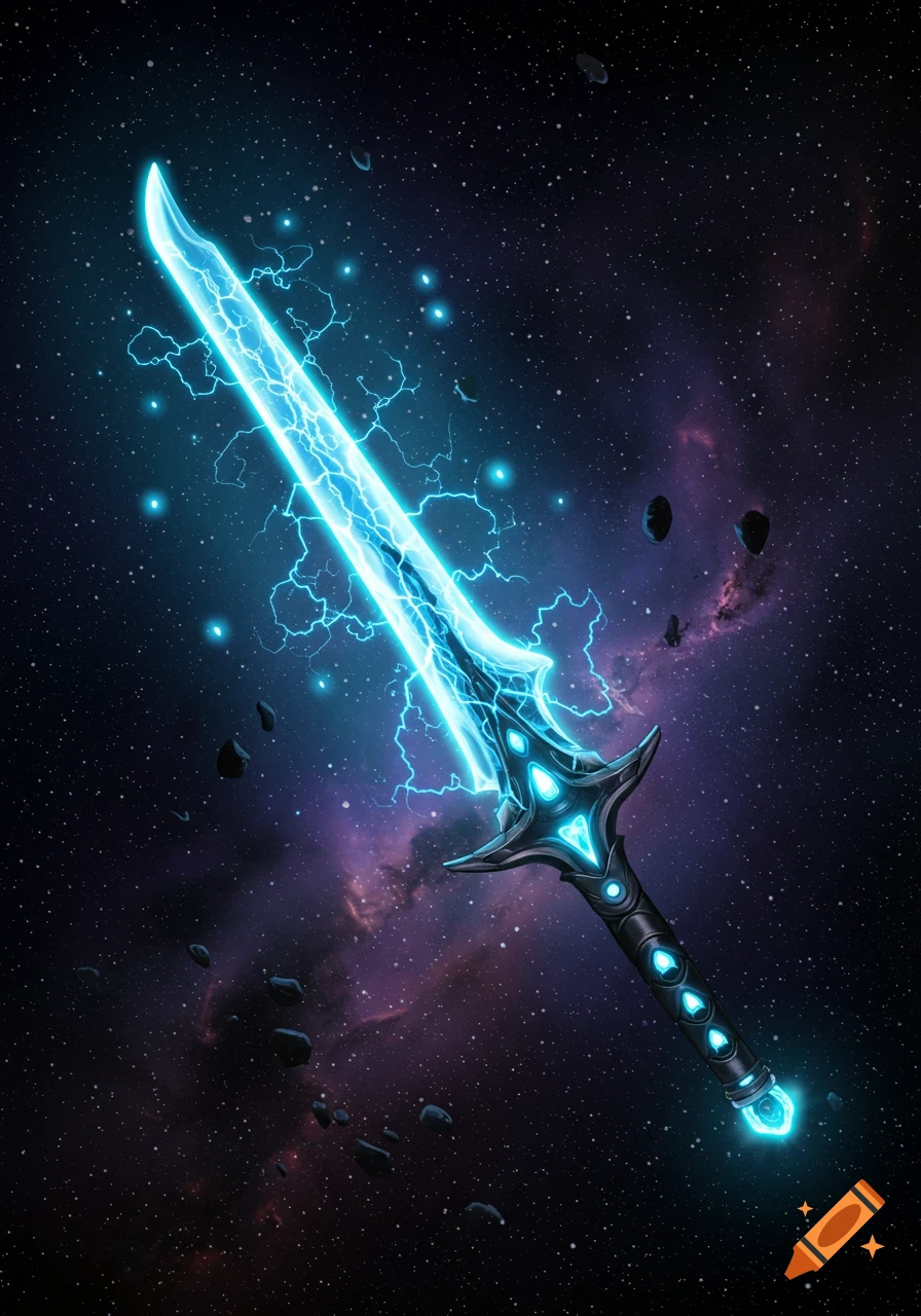 A glowing blue sword with lightning-like energy in a dark starry galaxy with purple nebulas and floating asteroids.