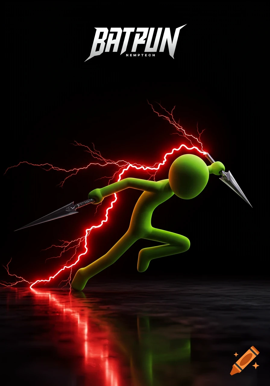 A green stickman dashes with two shurikans, surrounded by red lightning against a black background. Text 'BATPUN NEMPTEON' is at the top.