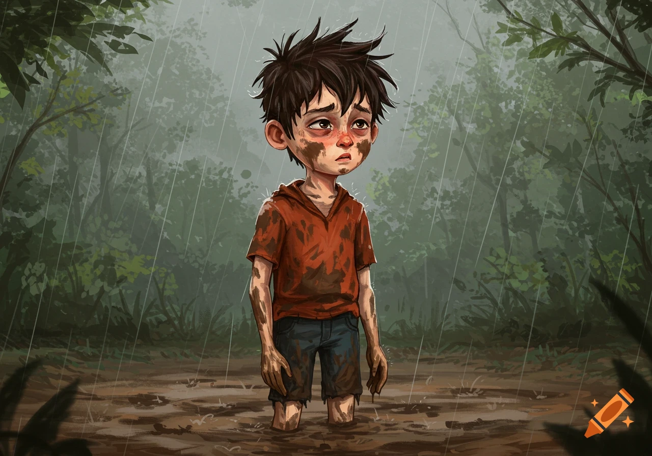 A sad boy with messy hair, covered in mud, stands in the rain in a forest.
