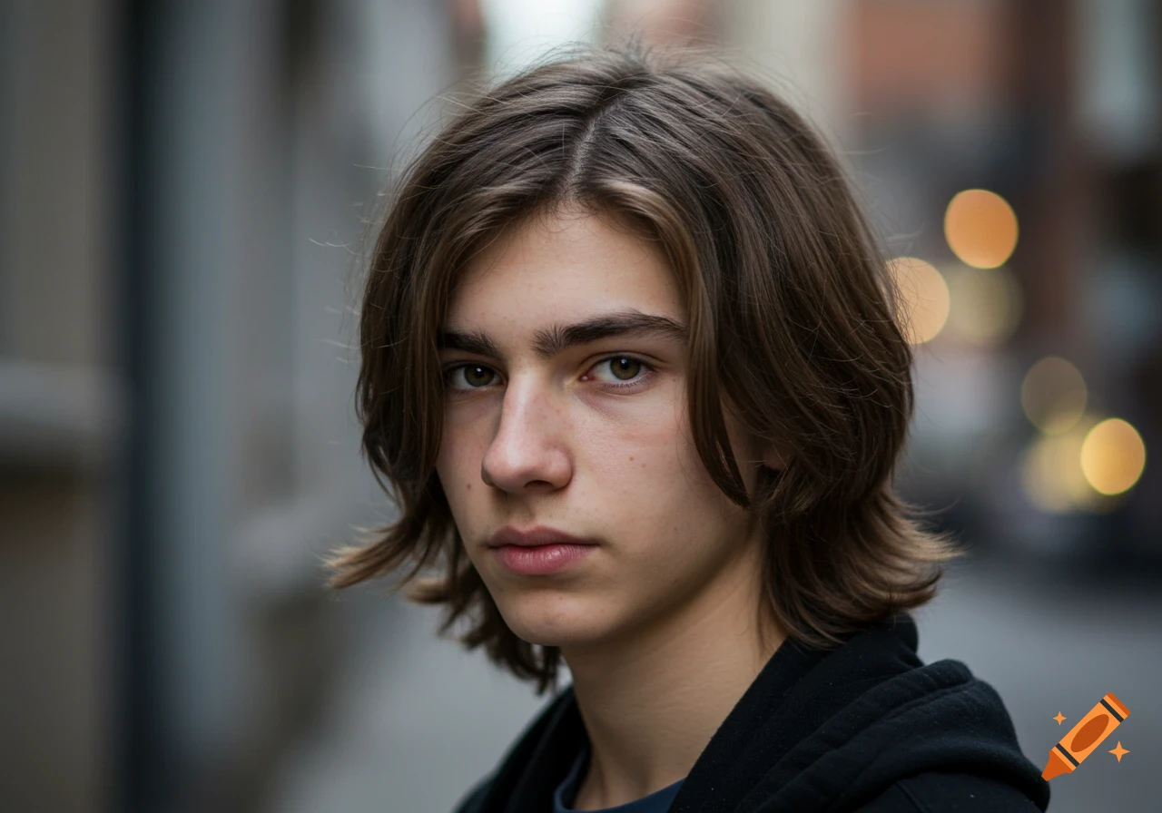 Close-up portrait of a teenage boy with long, brown, middle-parted hair, looking directly at the viewer.