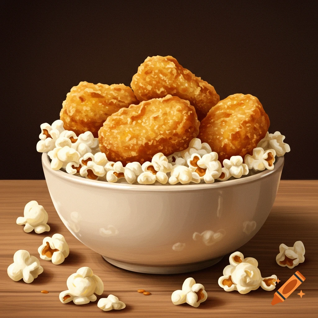 A bowl filled with golden-brown fried chicken nuggets and fluffy white popcorn, with more popcorn scattered on a wooden table.