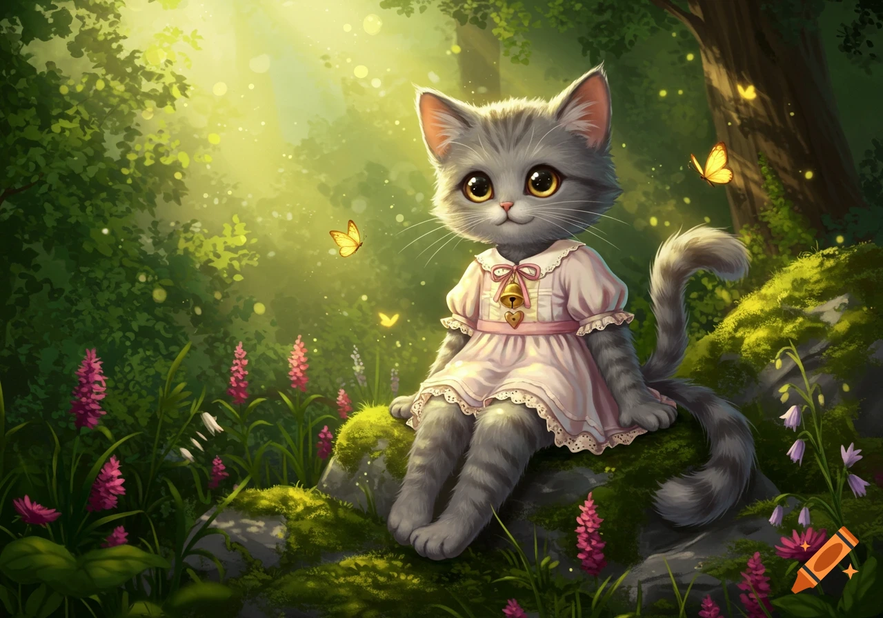 A cute gray tabby kitten in a pink dress sits on mossy rocks in a sunlit forest with butterflies and flowers.