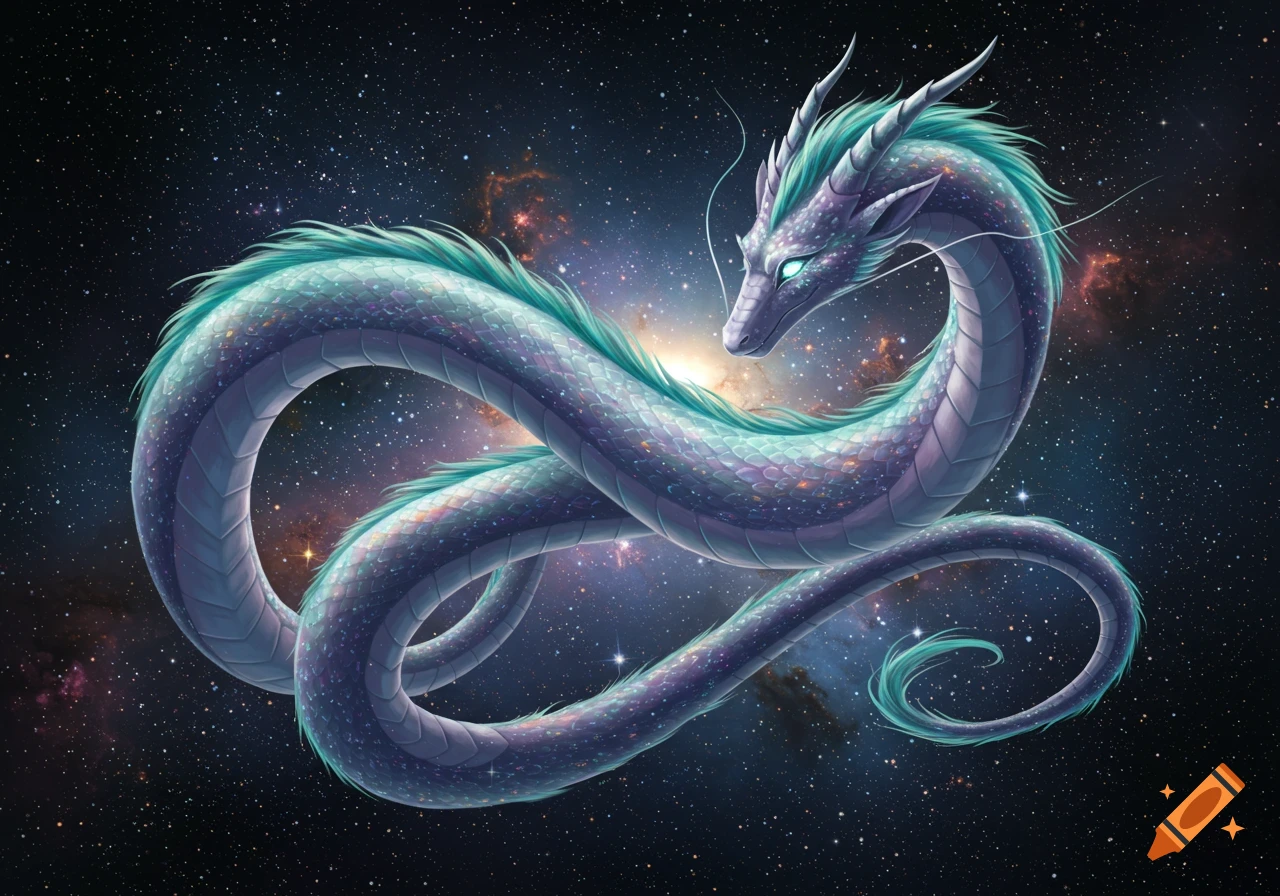 A long, scaled dragon with purple and teal coloring and glowing eyes coils through a dark, starry cosmos with nebulae.