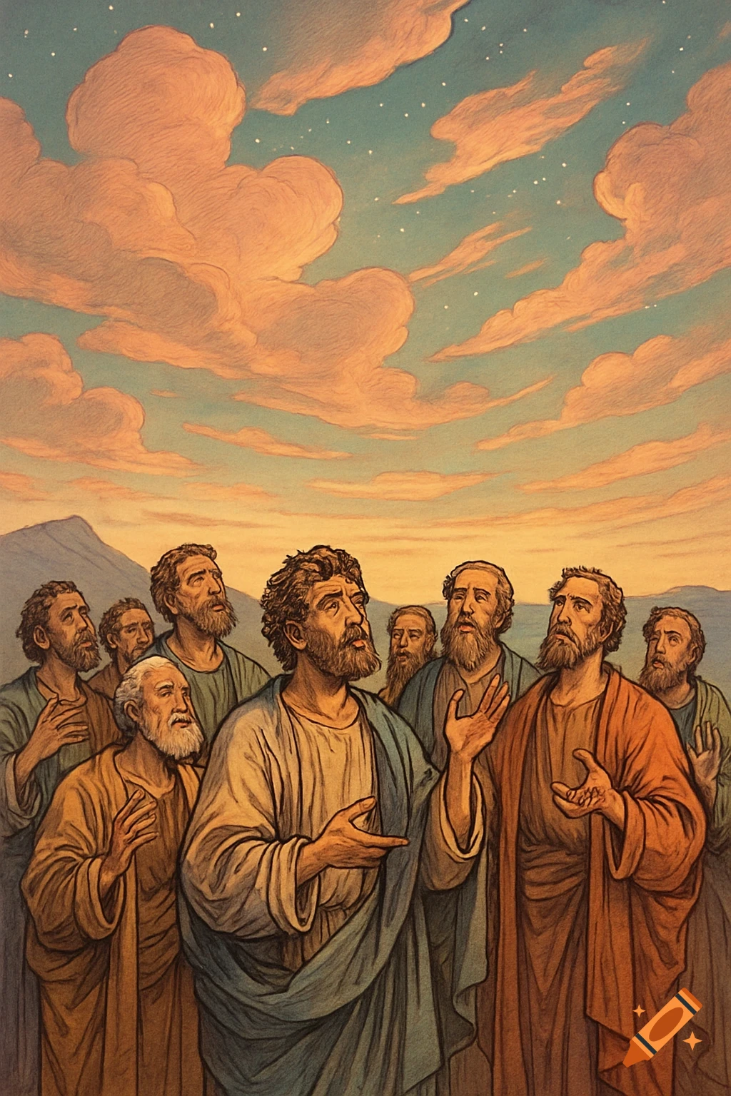 A group of bearded men in robes look up at an orange cloudy sky with confused expressions, in a comic art style.
