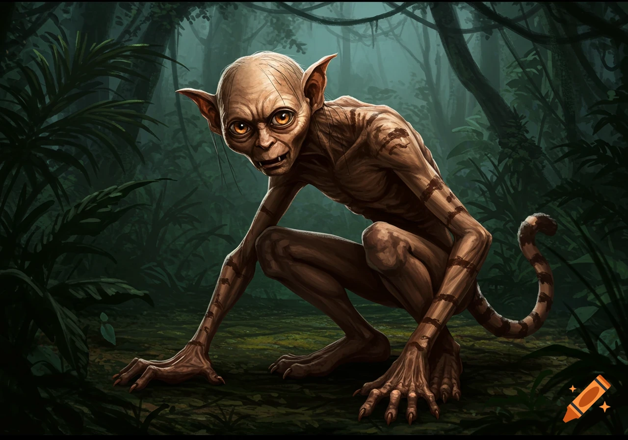 A gollum-like creature with striped skin crouches in a dark, misty jungle, gazing forward with large yellow eyes.