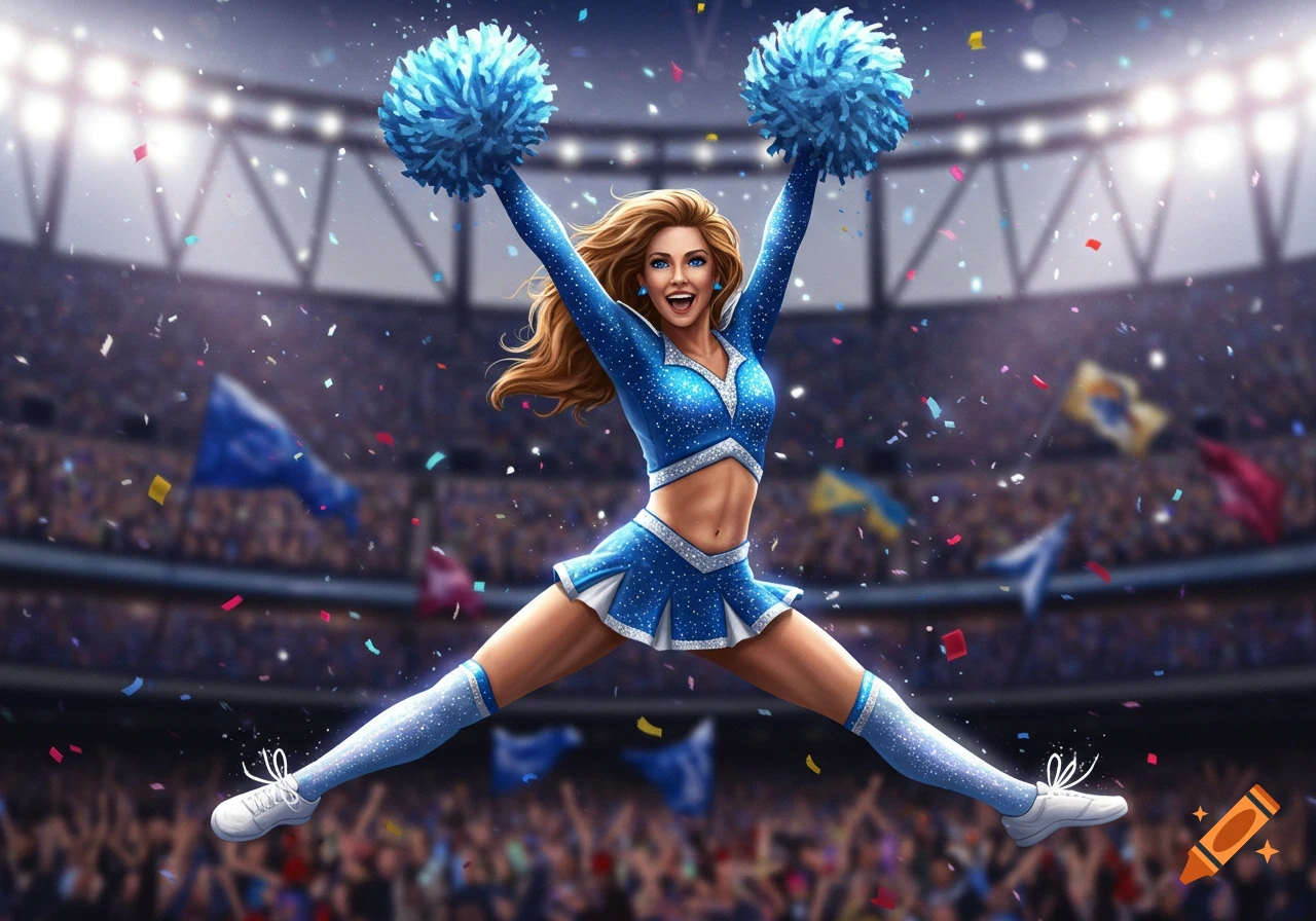 A digital illustration of a cheerful female cheerleader in a blue uniform jumping with blue pom-poms in a stadium with confetti.
