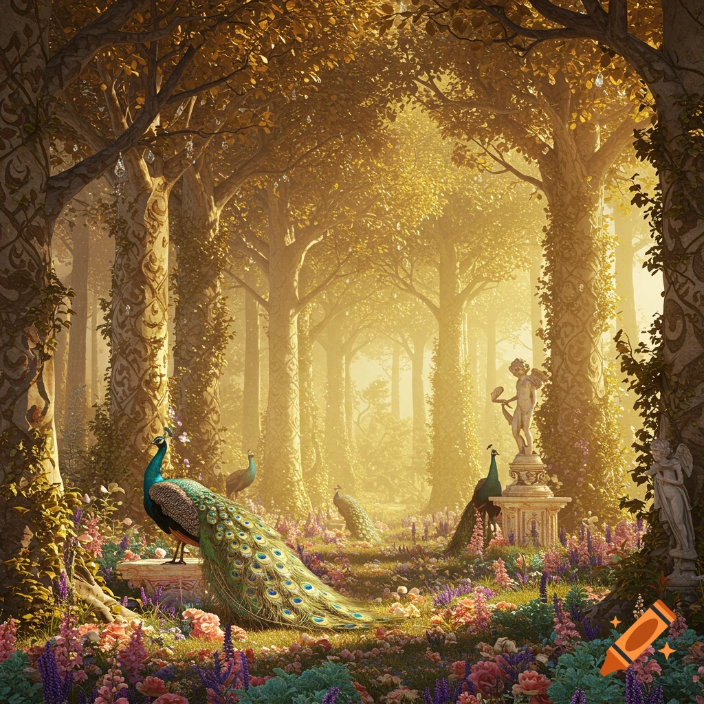 A serene golden forest with peacocks, lush flowers, and classical statues, bathed in sunlight.