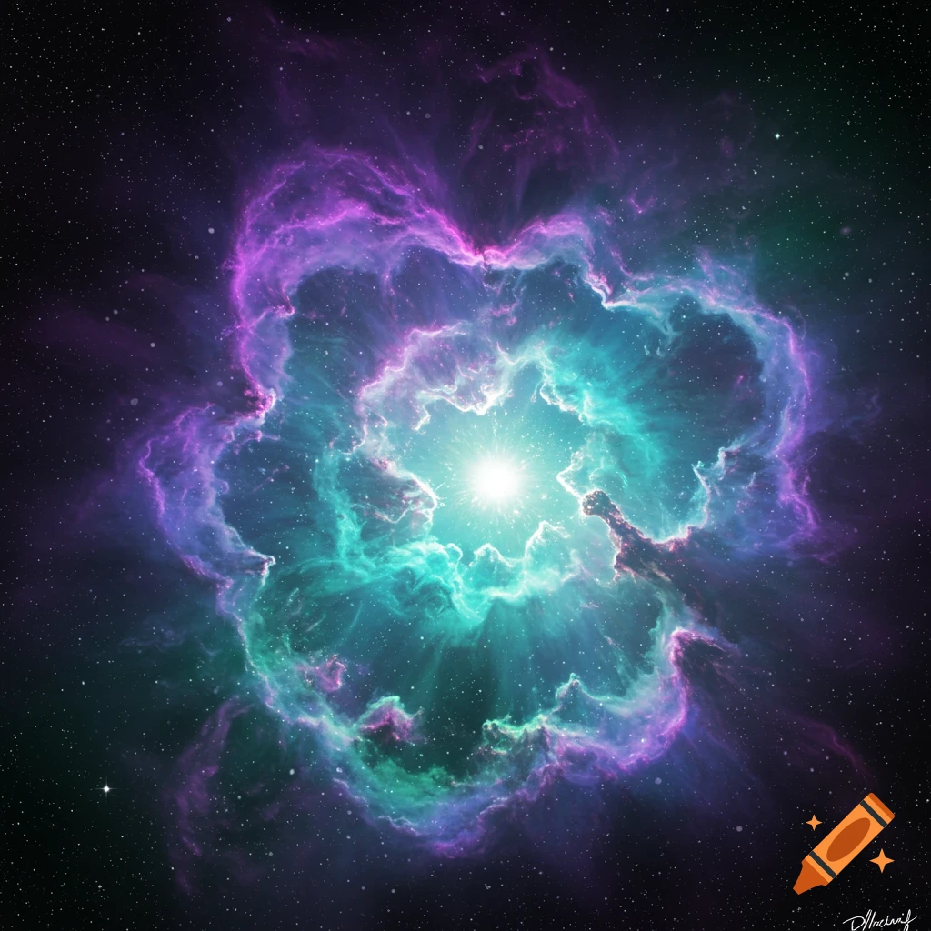 A bright star illuminates a swirling nebula of purple and teal gas clouds against a dark starry sky.