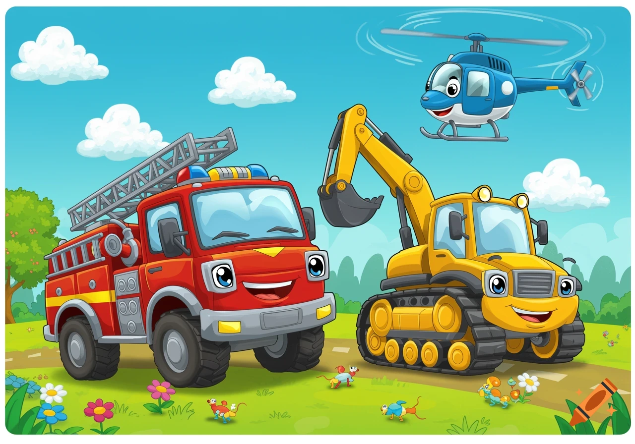 A vibrant cartoon shows a smiling red fire truck, a yellow excavator, and a blue helicopter, surrounded by green grass, flowers, and white clouds under a clear blue sky.
