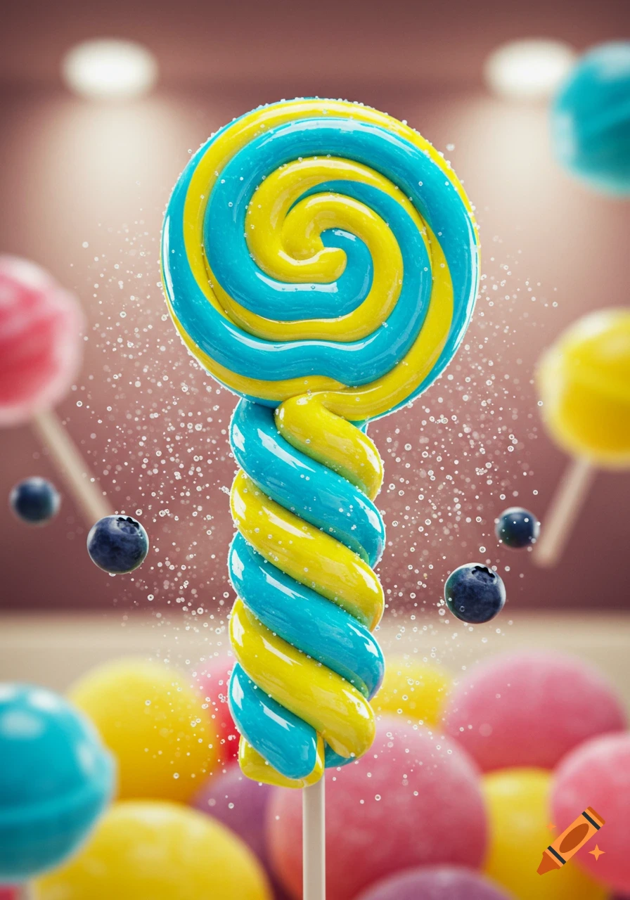 A vibrant blue and yellow swirled lollipop, covered in sugar crystals, stands vertically with blurred blueberries and colorful candies in the background.