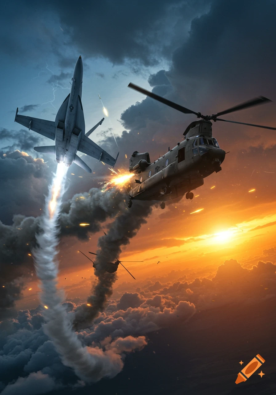A military fighter jet fires a missile at a large transport helicopter over a cloudy sky with a fiery sunset and lightning.