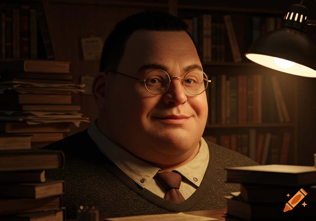A portly man with glasses and a crew cut smiles at the viewer, seated at a desk with stacked books in a dimly lit library.