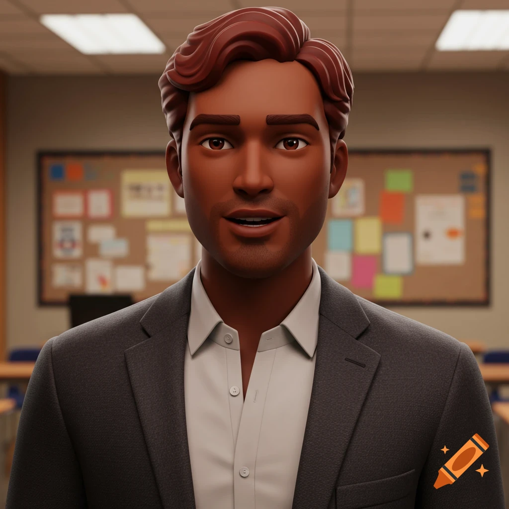 A close-up of a 3D animated man with dark skin and reddish-brown hair in a suit, smiling in a classroom setting.