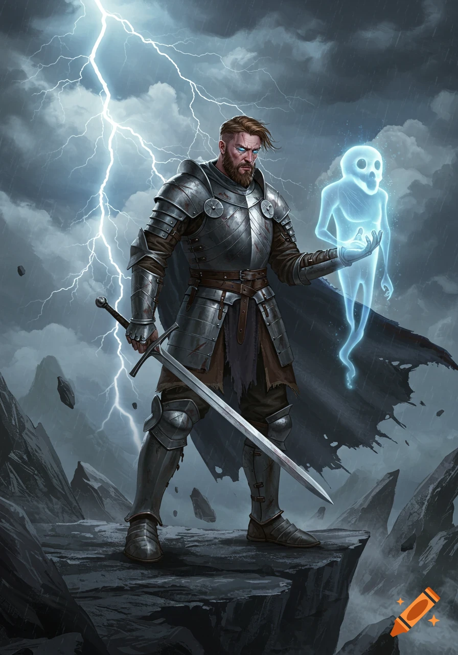 A bearded knight in full plate armor stands on a rocky cliff under a lightning storm, holding a large sword and gesturing towards a glowing blue ghost.