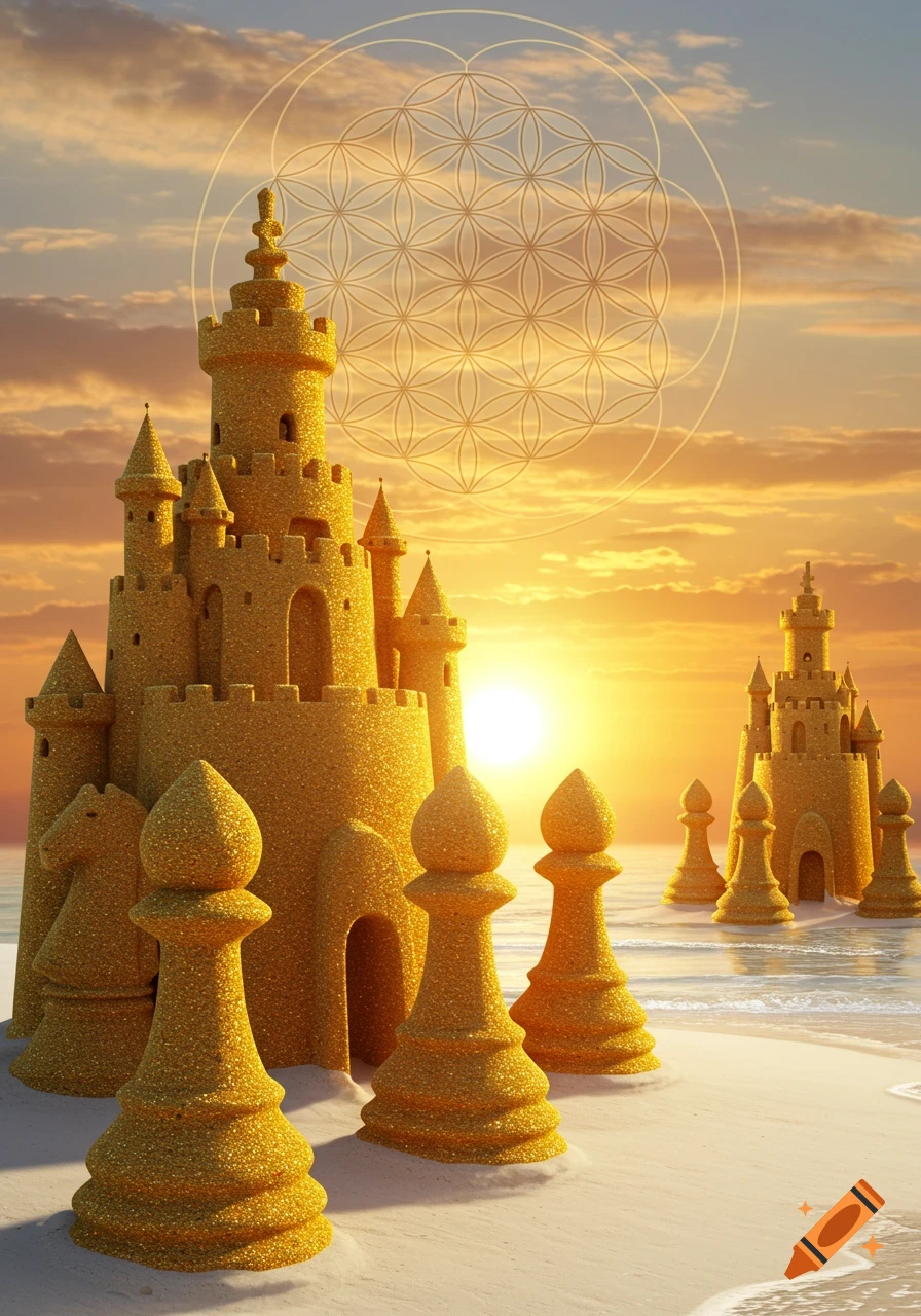 A golden sandcastle and large golden chess pieces on a white sand beach with the ocean at sunset, and a geometric pattern in the sky.