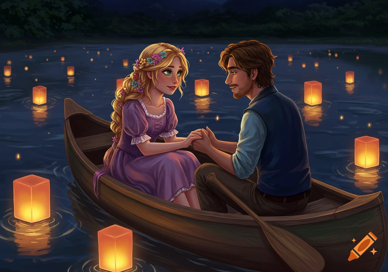 A cartoon couple, reminiscent of Rapunzel and Flynn, holding hands in a canoe on a lake at night surrounded by glowing lanterns.