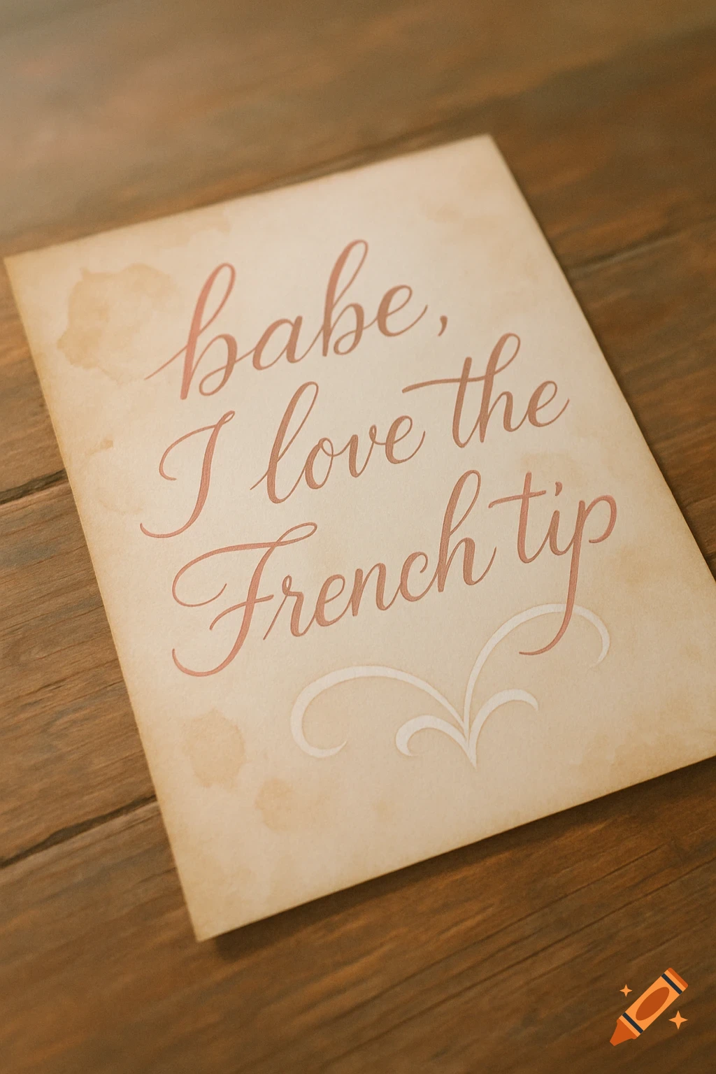 A tea-stained handwritten letter with calligraphy reading "babe, I love the French tip" rests on a wooden table.