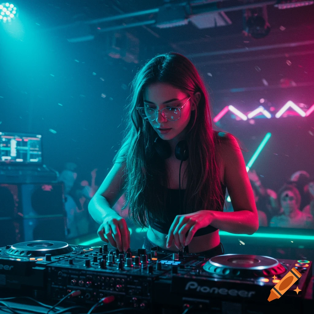 A young woman with long hair and glasses, wearing headphones, operates a DJ mixer in a club with blue and pink neon lights.